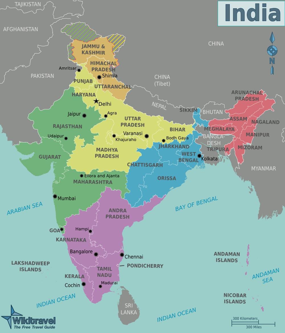 Индийский регионов карте